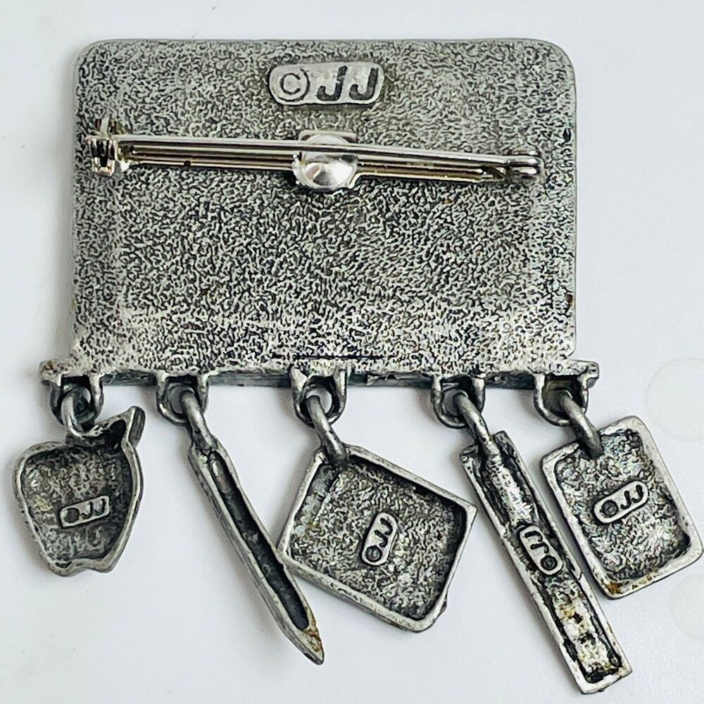 JJ Teacher Chalkboard Dangle Brooch Pin Math Charms Pewter Vintage Approx 2" L - Picture 3 of 4